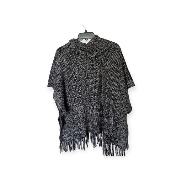 Do Everything In Love Turtleneck Black Poncho Sweater with Fringe One Size - Picture 2 of 8
